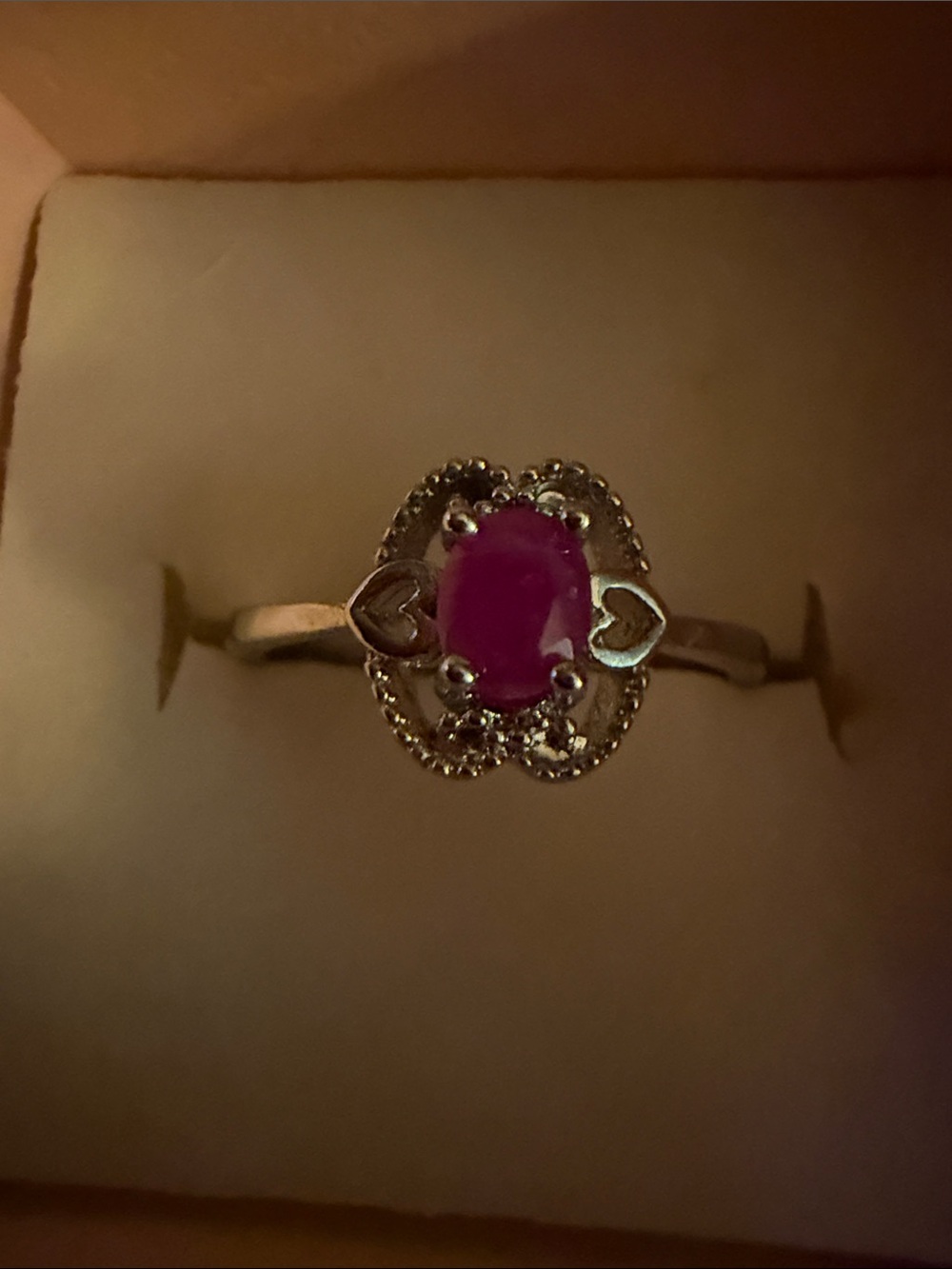 Silver tone Real Red Ruby Oval Gem Heart Accent Ring